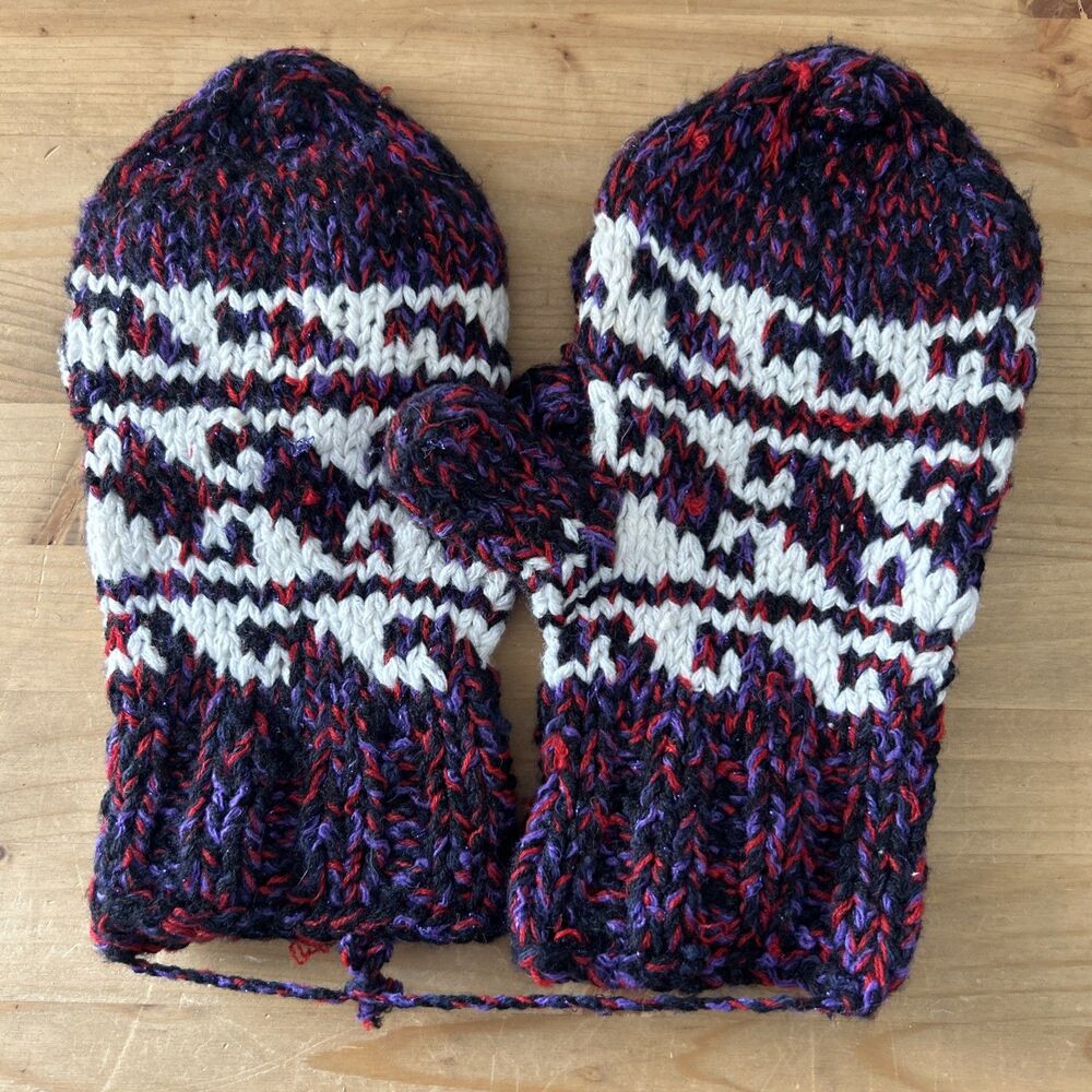 Hand Knit Convertible Mittens NEW Purple/Red Fingerless Gloves w Mitten Top